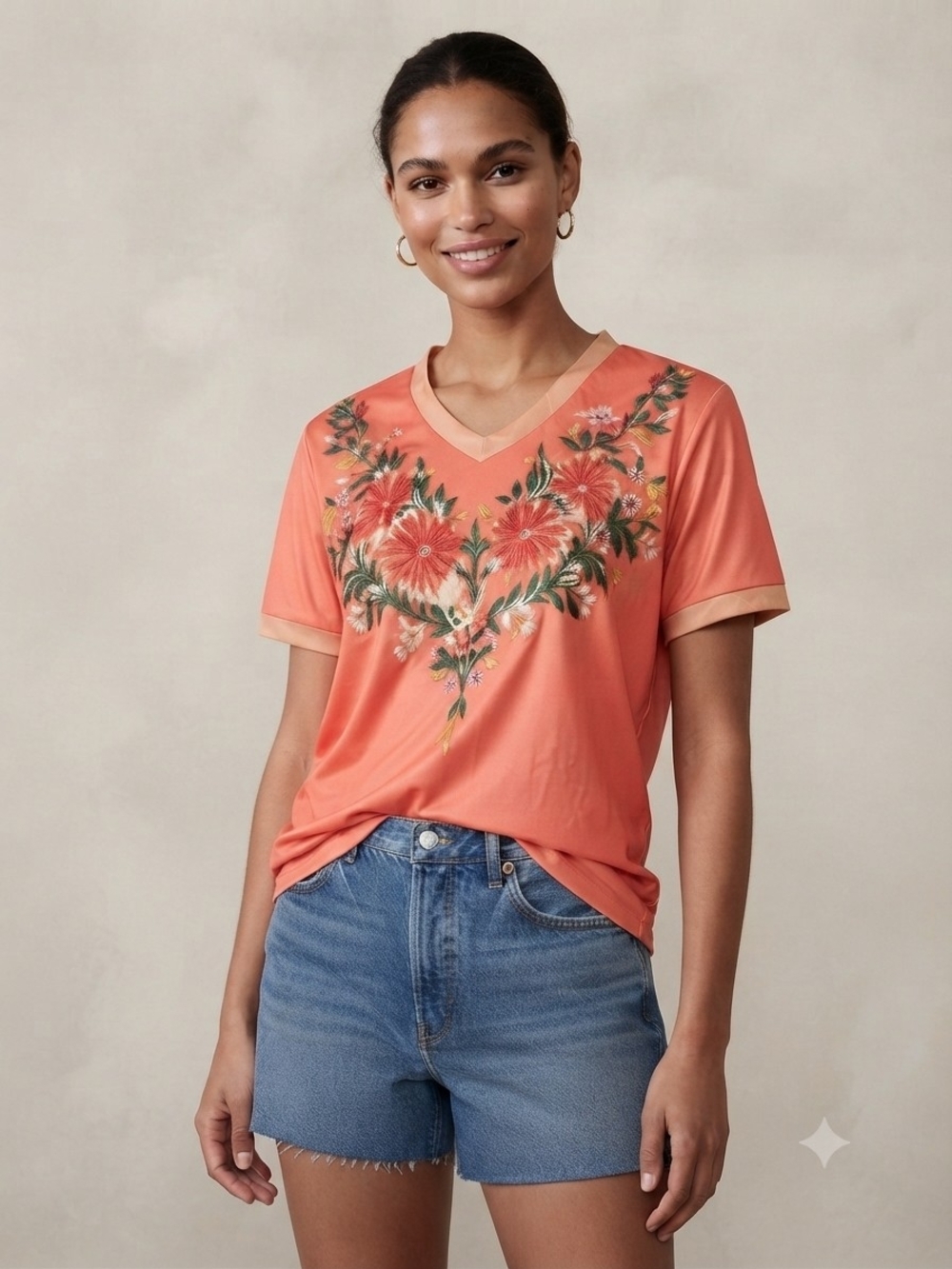Floral V-Neck Top in Coral